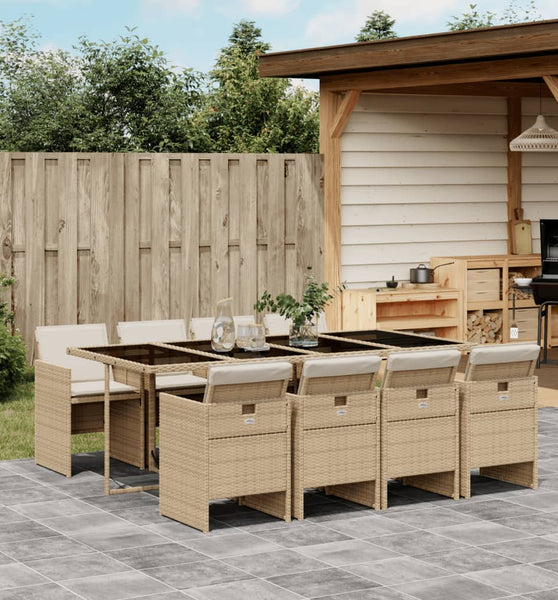 9-tlg. Garten-Essgruppe mit Kissen Beige Poly Rattan