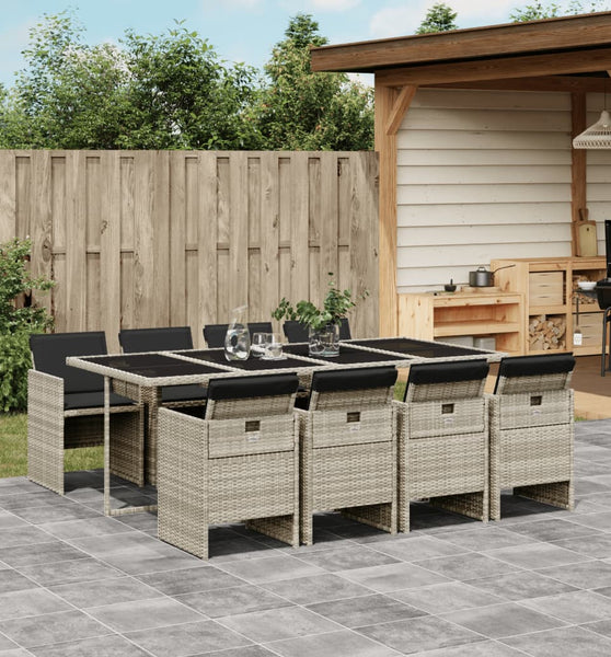 9-tlg. Garten-Essgruppe mit Kissen Hellgrau Poly Rattan
