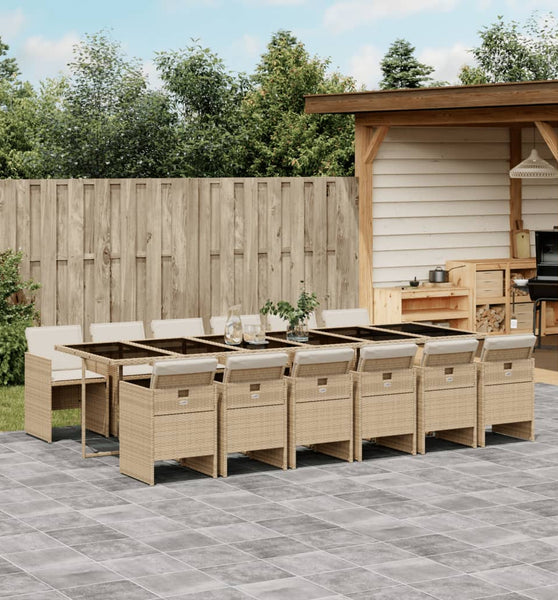 13-tlg. Garten-Essgruppe mit Kissen Beige Poly Rattan