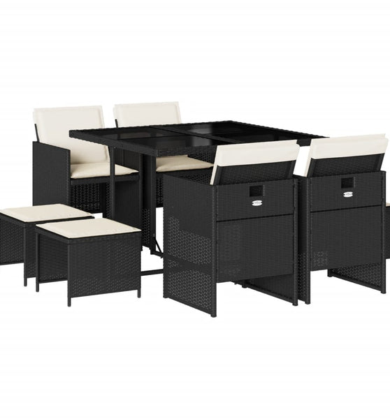 9-tlg. Garten-Essgruppe mit Kissen Schwarz Poly Rattan