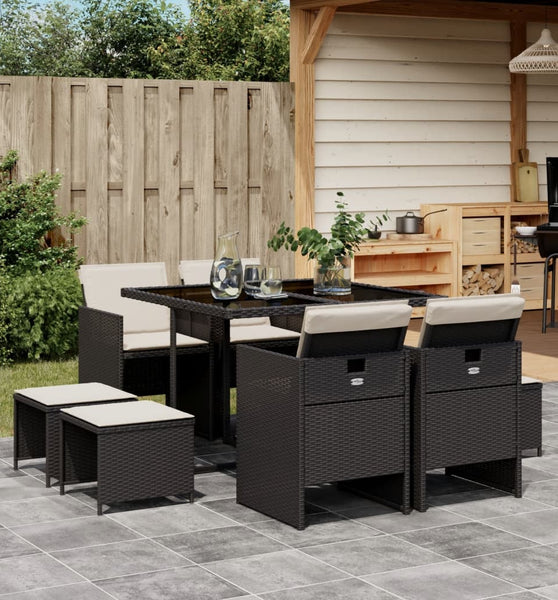 9-tlg. Garten-Essgruppe mit Kissen Schwarz Poly Rattan