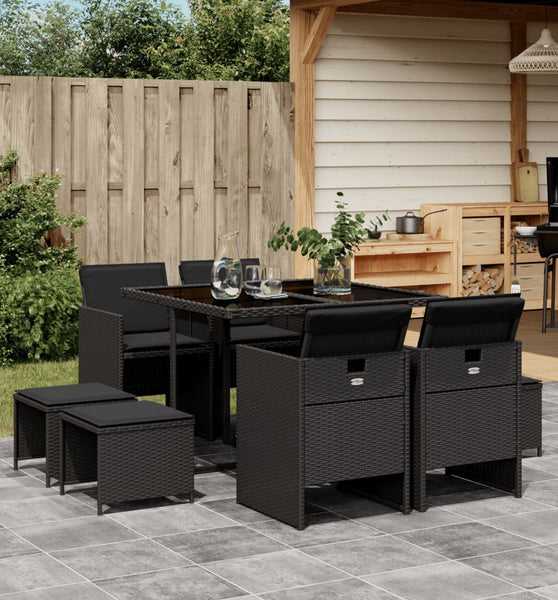 9-tlg. Garten-Essgruppe mit Kissen Schwarz Poly Rattan
