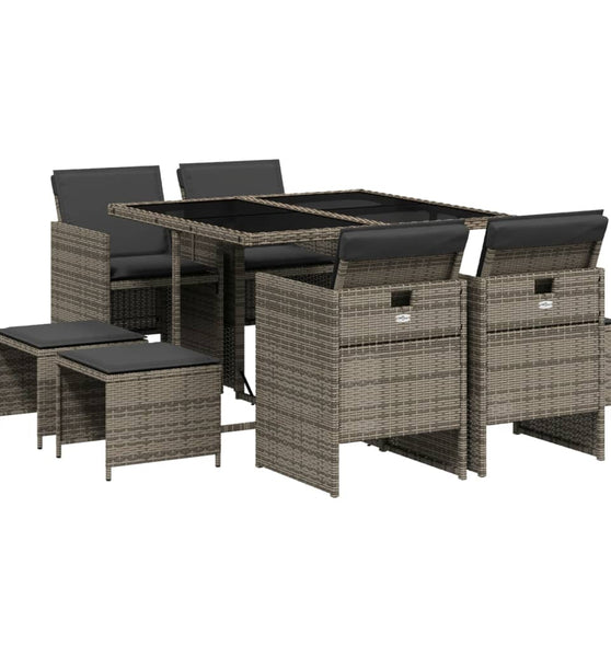 9-tlg. Garten-Essgruppe mit Kissen Grau Poly Rattan
