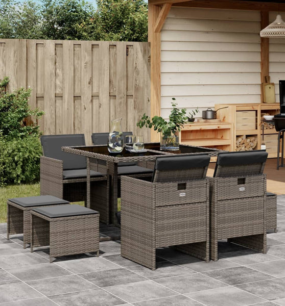 9-tlg. Garten-Essgruppe mit Kissen Grau Poly Rattan