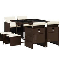 9-tlg. Garten-Essgruppe mit Kissen Braun Poly Rattan