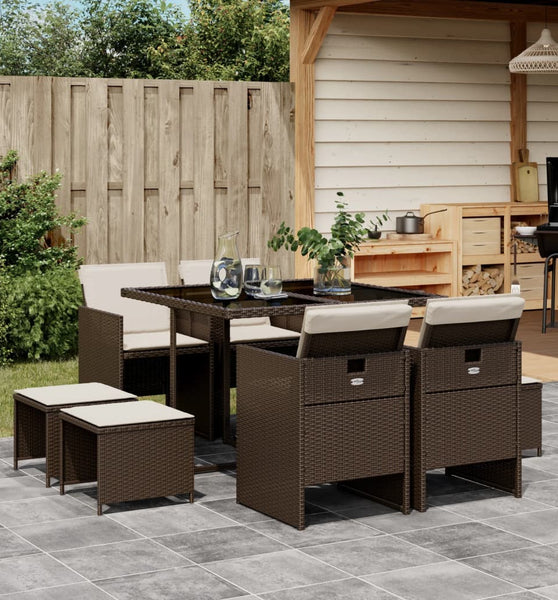 9-tlg. Garten-Essgruppe mit Kissen Braun Poly Rattan