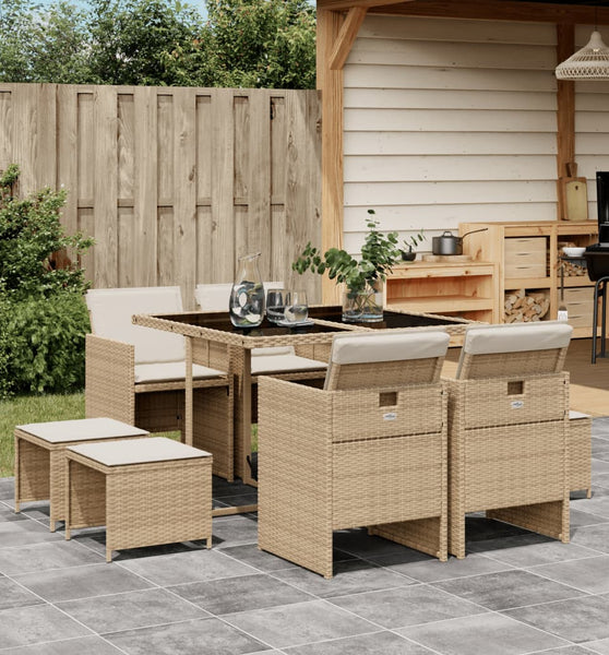 9-tlg. Garten-Essgruppe mit Kissen Beige Poly Rattan