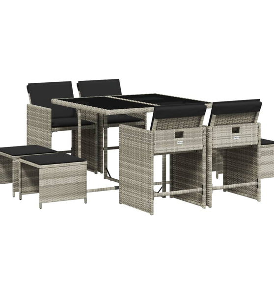 9-tlg. Garten-Essgruppe mit Kissen Hellgrau Poly Rattan