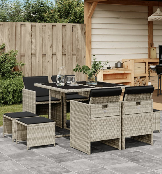 9-tlg. Garten-Essgruppe mit Kissen Hellgrau Poly Rattan