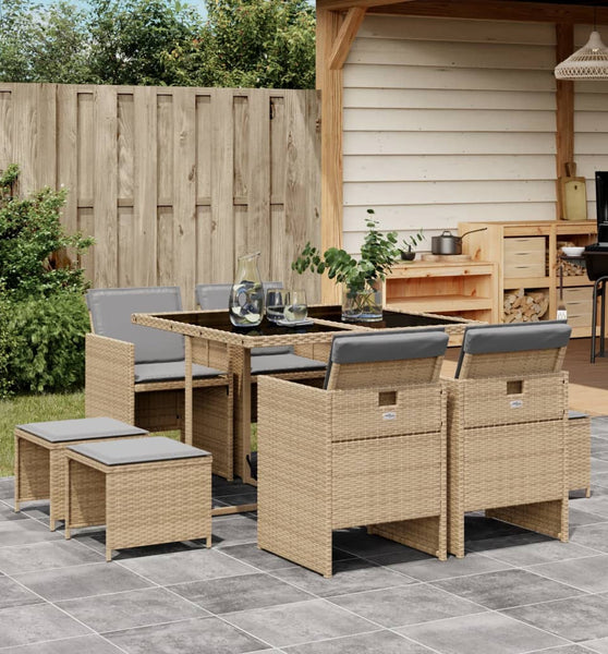9-tlg. Garten-Essgruppe mit Kissen Beigemischung Poly Rattan