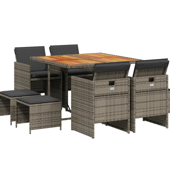 9-tlg. Garten-Essgruppe mit Kissen Grau Poly Rattan