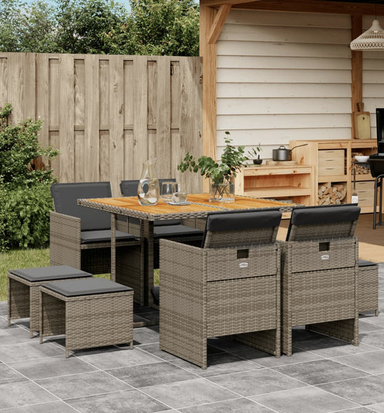 9-tlg. Garten-Essgruppe mit Kissen Grau Poly Rattan