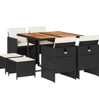 9-tlg. Garten-Essgruppe mit Kissen Schwarz Poly Rattan