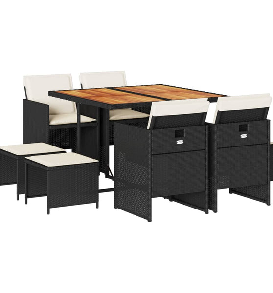 9-tlg. Garten-Essgruppe mit Kissen Schwarz Poly Rattan