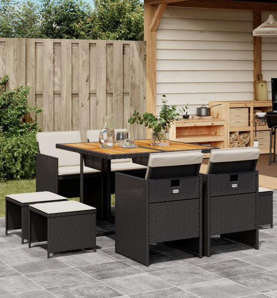 9-tlg. Garten-Essgruppe mit Kissen Schwarz Poly Rattan
