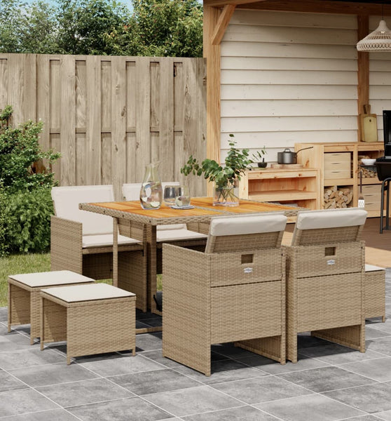 9-tlg. Garten-Essgruppe mit Kissen Beige Poly Rattan