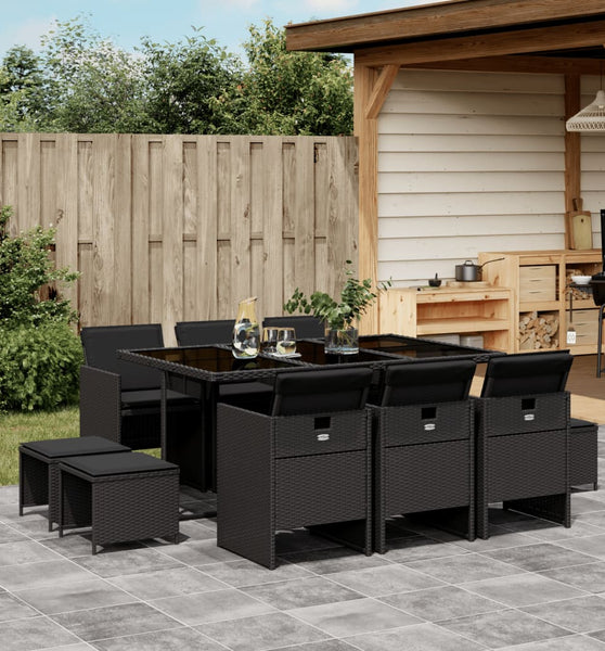 11-tlg. Garten-Essgruppe mit Kissen Schwarz Poly Rattan