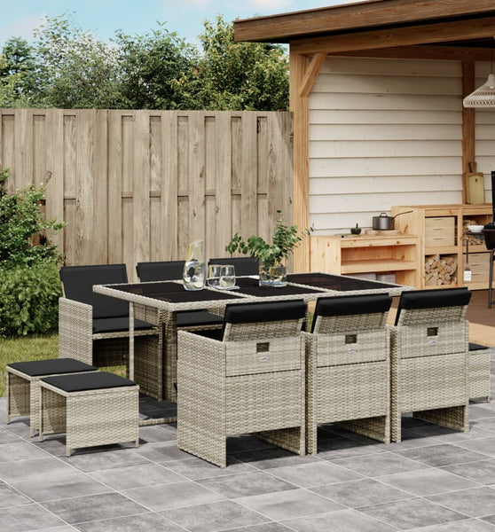 11-tlg. Garten-Essgruppe mit Kissen Hellgrau Poly Rattan