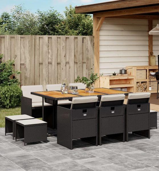 11-tlg. Garten-Essgruppe mit Kissen Schwarz Poly Rattan