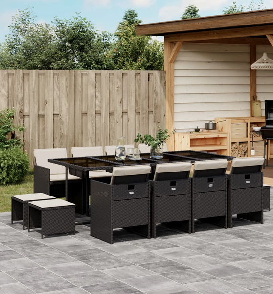 13-tlg. Garten-Essgruppe mit Kissen Schwarz Poly Rattan