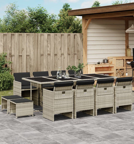 13-tlg. Garten-Essgruppe mit Kissen Hellgrau Poly Rattan