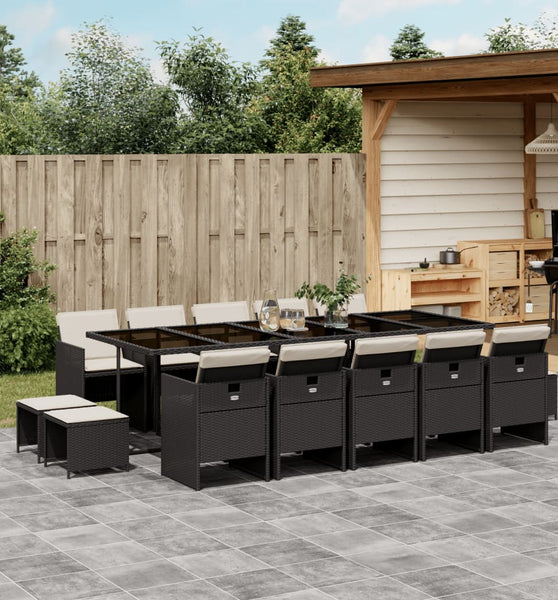 15-tlg. Garten-Essgruppe mit Kissen Schwarz Poly Rattan