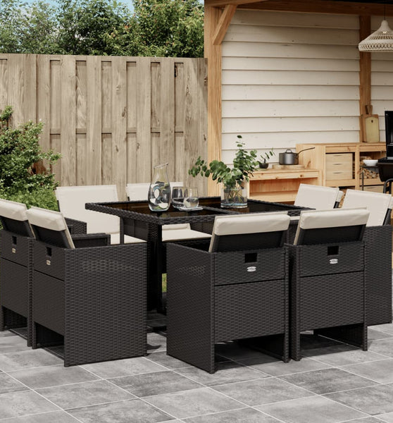 9-tlg. Garten-Essgruppe mit Kissen Schwarz Poly Rattan