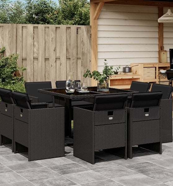 9-tlg. Garten-Essgruppe mit Kissen Schwarz Poly Rattan