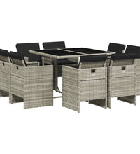 9-tlg. Garten-Essgruppe mit Kissen Hellgrau Poly Rattan