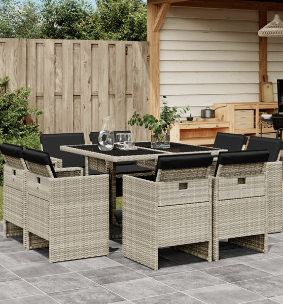 9-tlg. Garten-Essgruppe mit Kissen Hellgrau Poly Rattan
