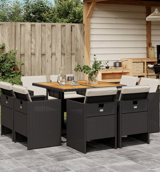 9-tlg. Garten-Essgruppe mit Kissen Schwarz Poly Rattan