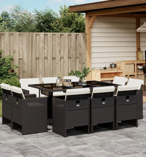 11-tlg. Garten-Essgruppe mit Kissen Schwarz Poly Rattan