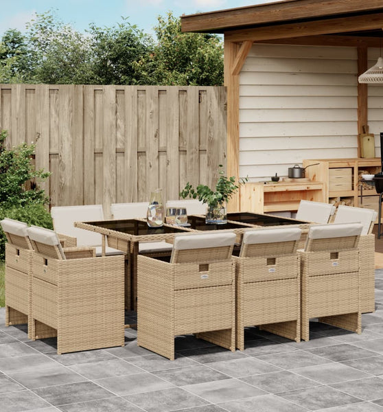 11-tlg. Garten-Essgruppe mit Kissen Beige Poly Rattan