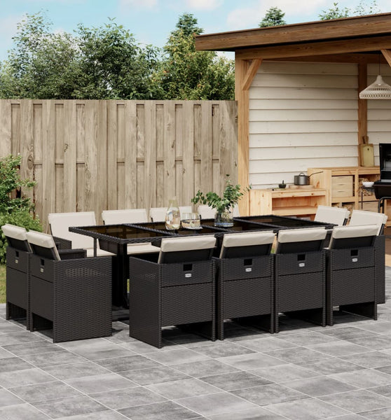13-tlg. Garten-Essgruppe mit Kissen Schwarz Poly Rattan