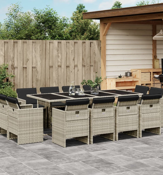 13-tlg. Garten-Essgruppe mit Kissen Hellgrau Poly Rattan