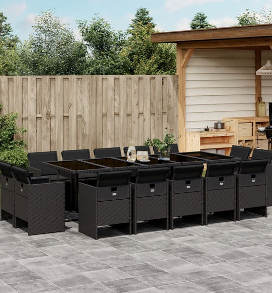 15-tlg. Garten-Essgruppe mit Kissen Schwarz Poly Rattan