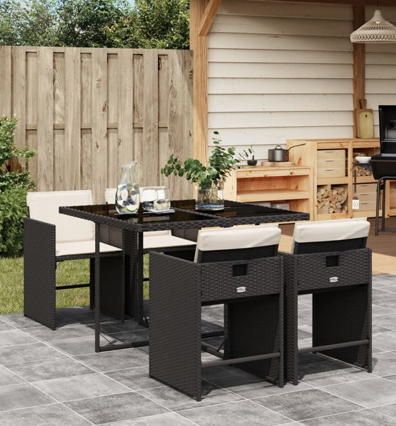5-tlg. Garten-Essgruppe mit Kissen Schwarz Poly Rattan