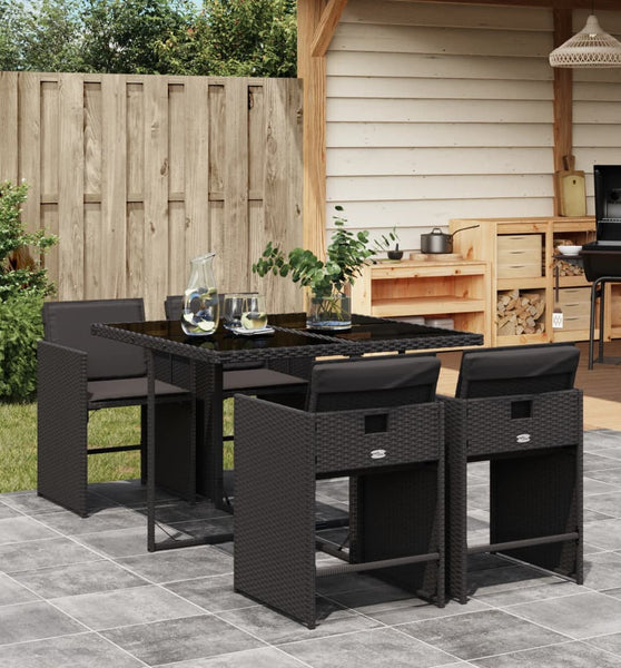 5-tlg. Garten-Essgruppe mit Kissen Schwarz Poly Rattan