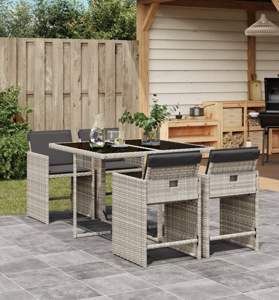 5-tlg. Garten-Essgruppe mit Kissen Hellgrau Poly Rattan