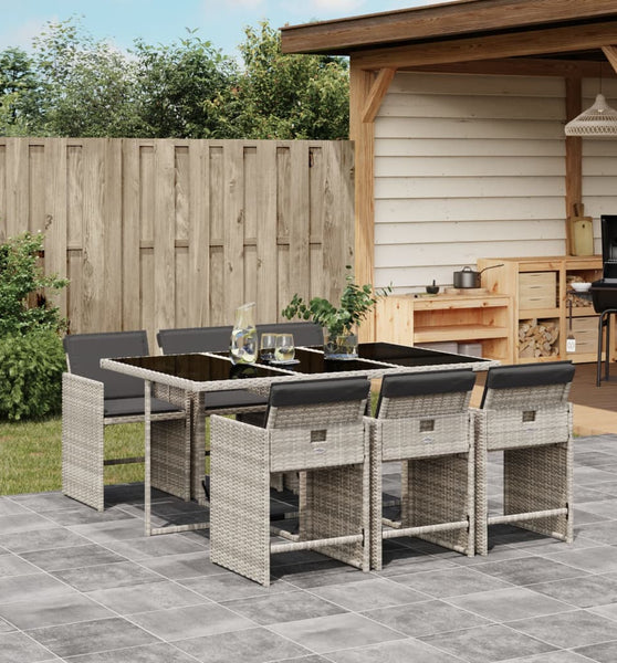 7-tlg. Garten-Essgruppe mit Kissen Hellgrau Poly Rattan
