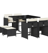 9-tlg. Garten-Essgruppe mit Kissen Schwarz Poly Rattan