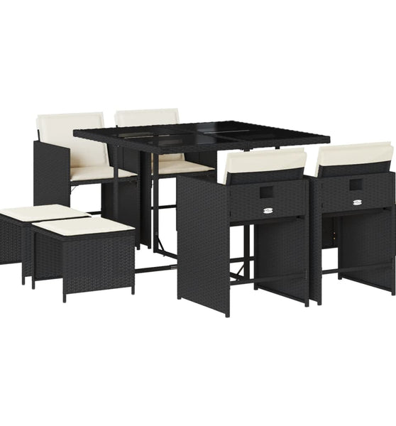 9-tlg. Garten-Essgruppe mit Kissen Schwarz Poly Rattan