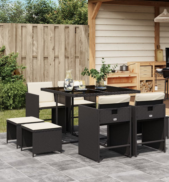 9-tlg. Garten-Essgruppe mit Kissen Schwarz Poly Rattan