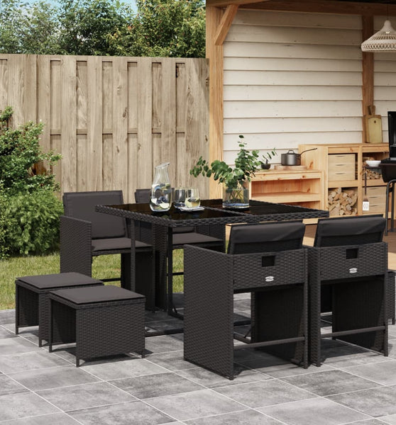9-tlg. Garten-Essgruppe mit Kissen Schwarz Poly Rattan