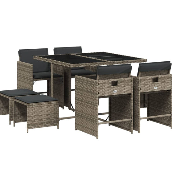 9-tlg. Garten-Essgruppe mit Kissen Grau Poly Rattan
