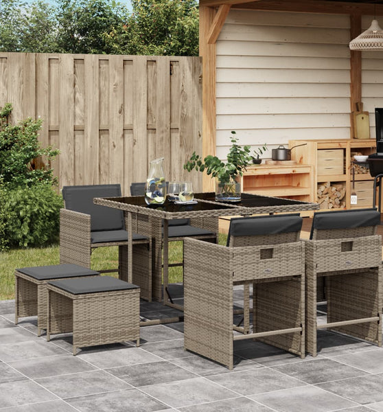 9-tlg. Garten-Essgruppe mit Kissen Grau Poly Rattan