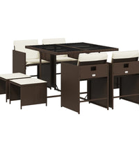 9-tlg. Garten-Essgruppe mit Kissen Braun Poly Rattan