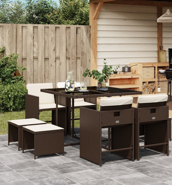 9-tlg. Garten-Essgruppe mit Kissen Braun Poly Rattan