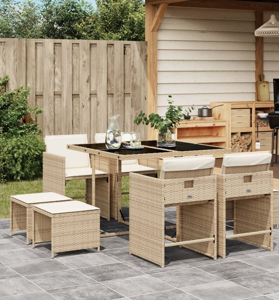 9-tlg. Garten-Essgruppe mit Kissen Beige Poly Rattan