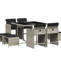 9-tlg. Garten-Essgruppe mit Kissen Hellgrau Poly Rattan